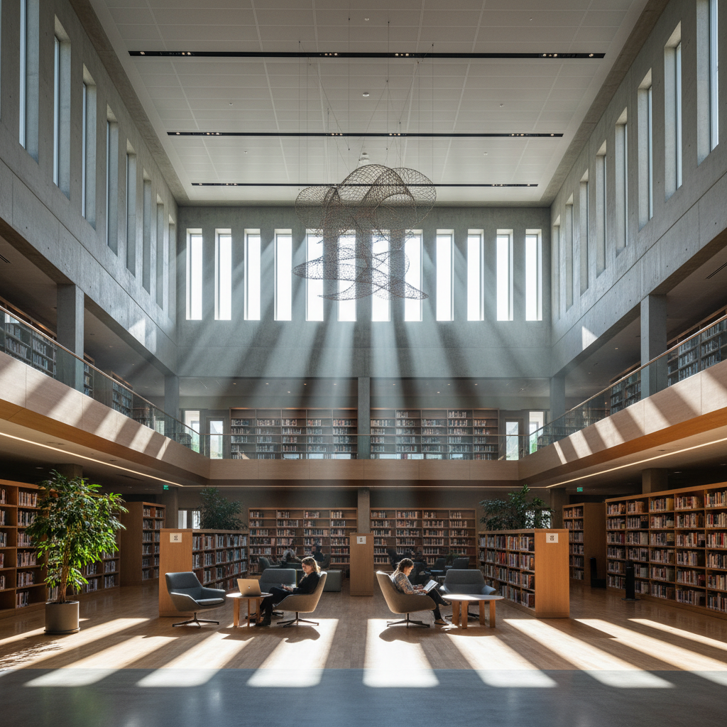 Grand civic library interior with soaring concrete columns, dramatic clerestory light, and terraced reading levels