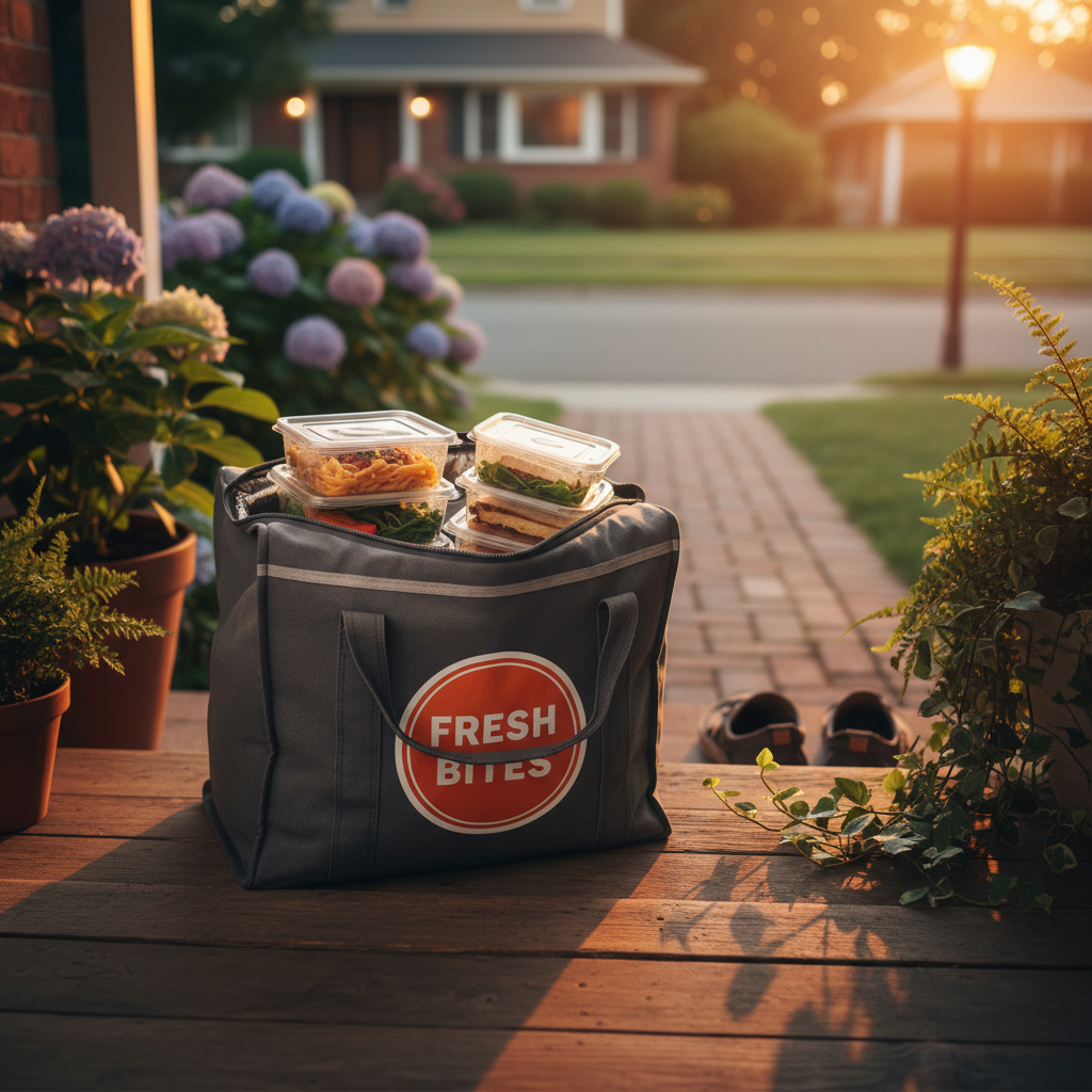 Food delivery bag being handed over at doorstep, warm porch lighting, satisfied customer receiving order