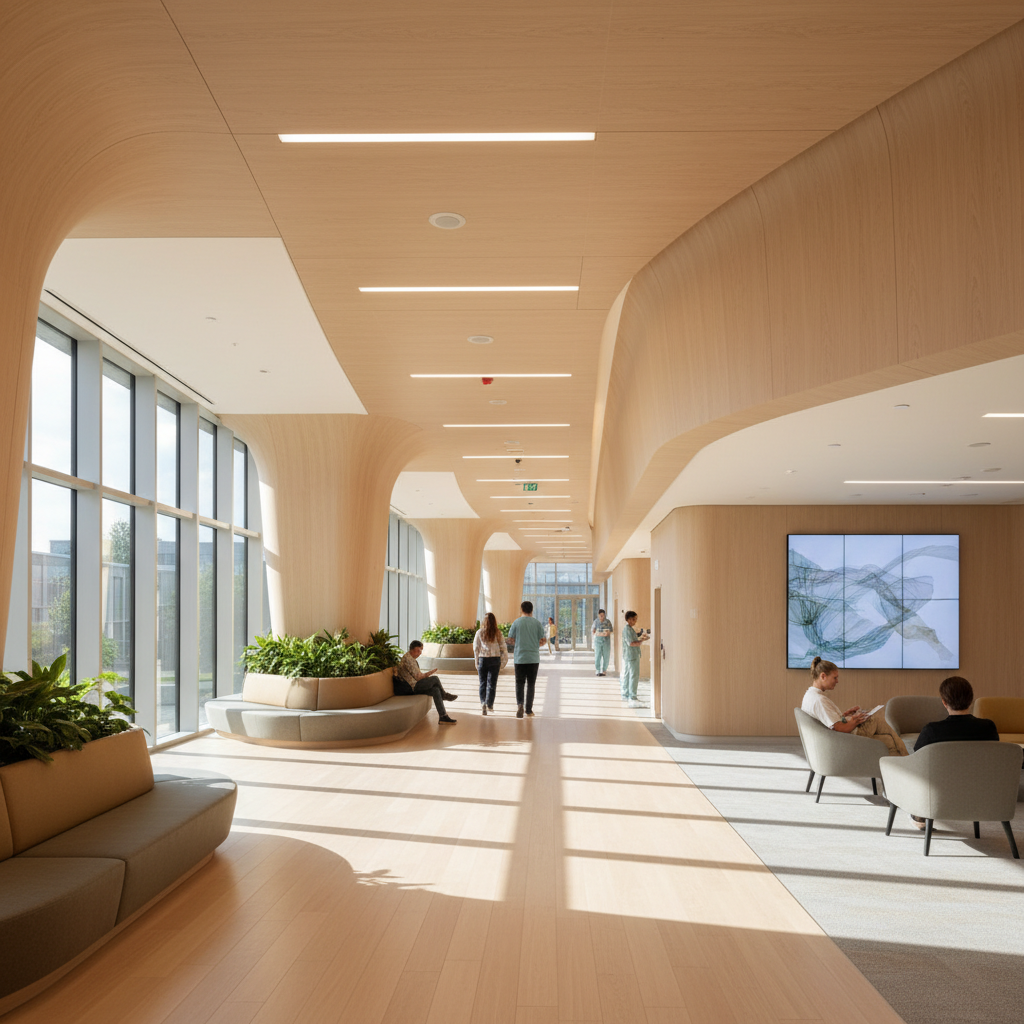 Integrative hospital wing with warm wood accents, curved corridors, and abundant natural light replacing clinical sterility