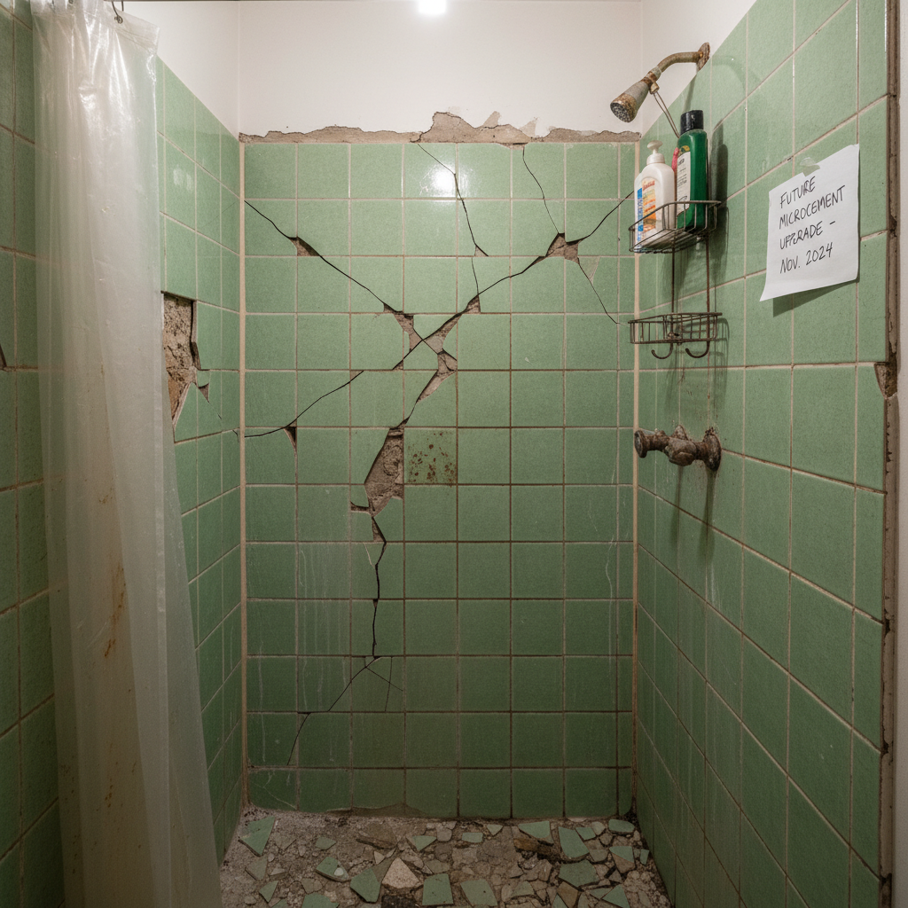 Dated shower with cracked tiles before microcement upgrade