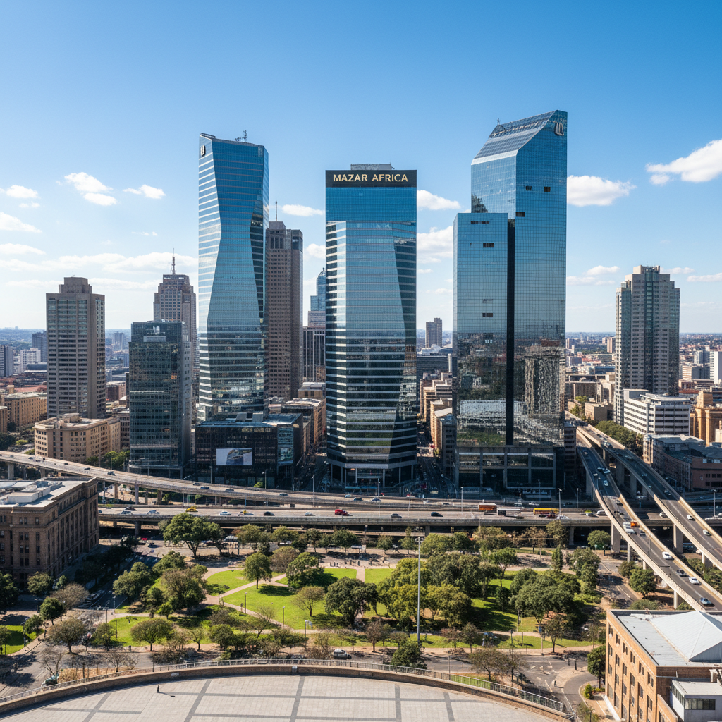 South African financial district skyline with modern glass office buildings representing business growth and financial services