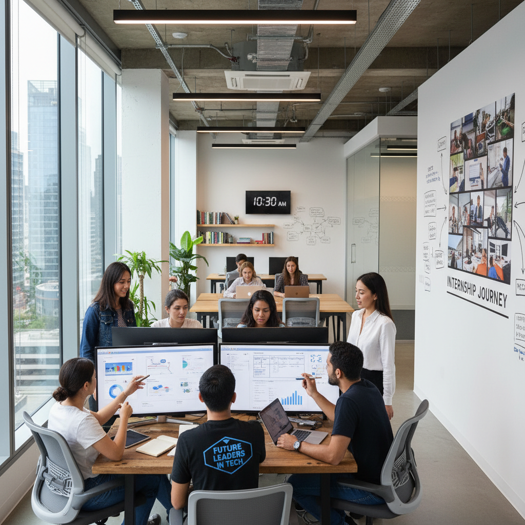 Diverse group of young professionals collaborating around laptops in a bright modern co-working space with large windows and natural light