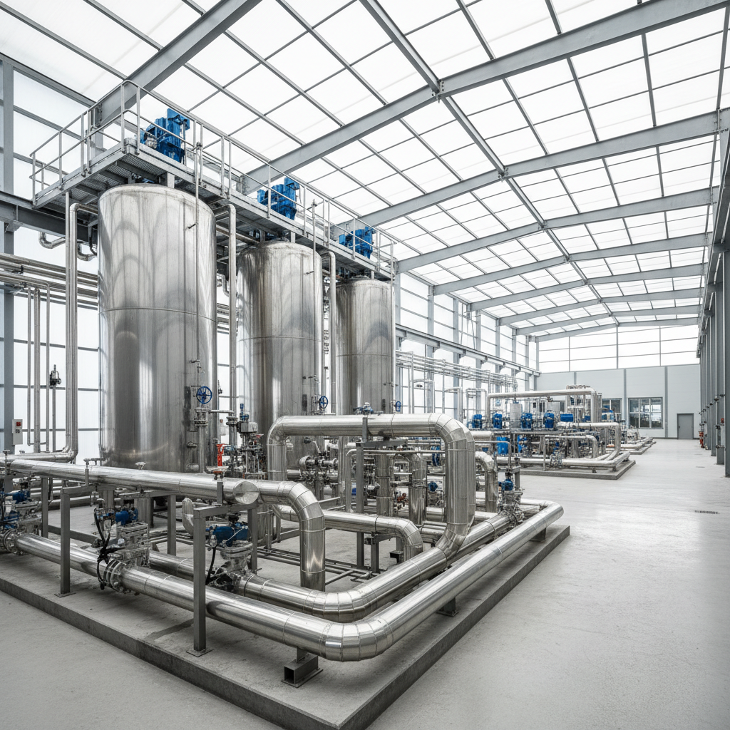 Industrial reverse osmosis water treatment plant with large filtration tanks and pipe systems, water purification facility