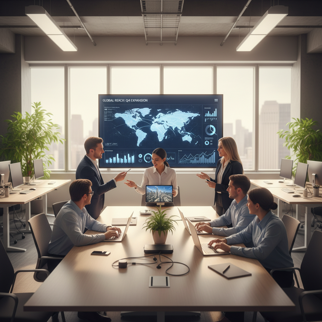Growing business team in expanding office space, modern commercial workspace with room for development