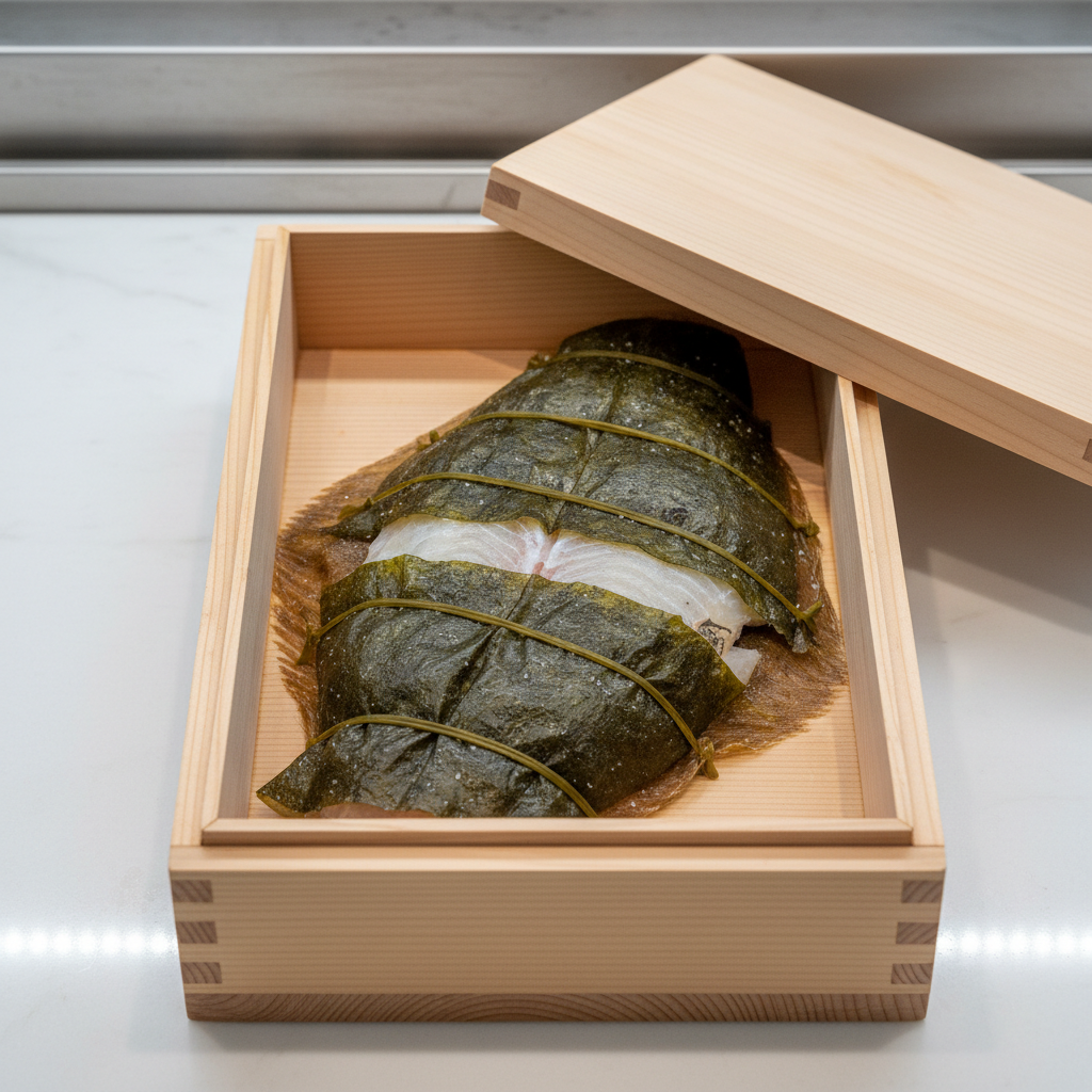 Flounder fillet wrapped in kombu kelp sheets inside wooden aging box in temperature-controlled case