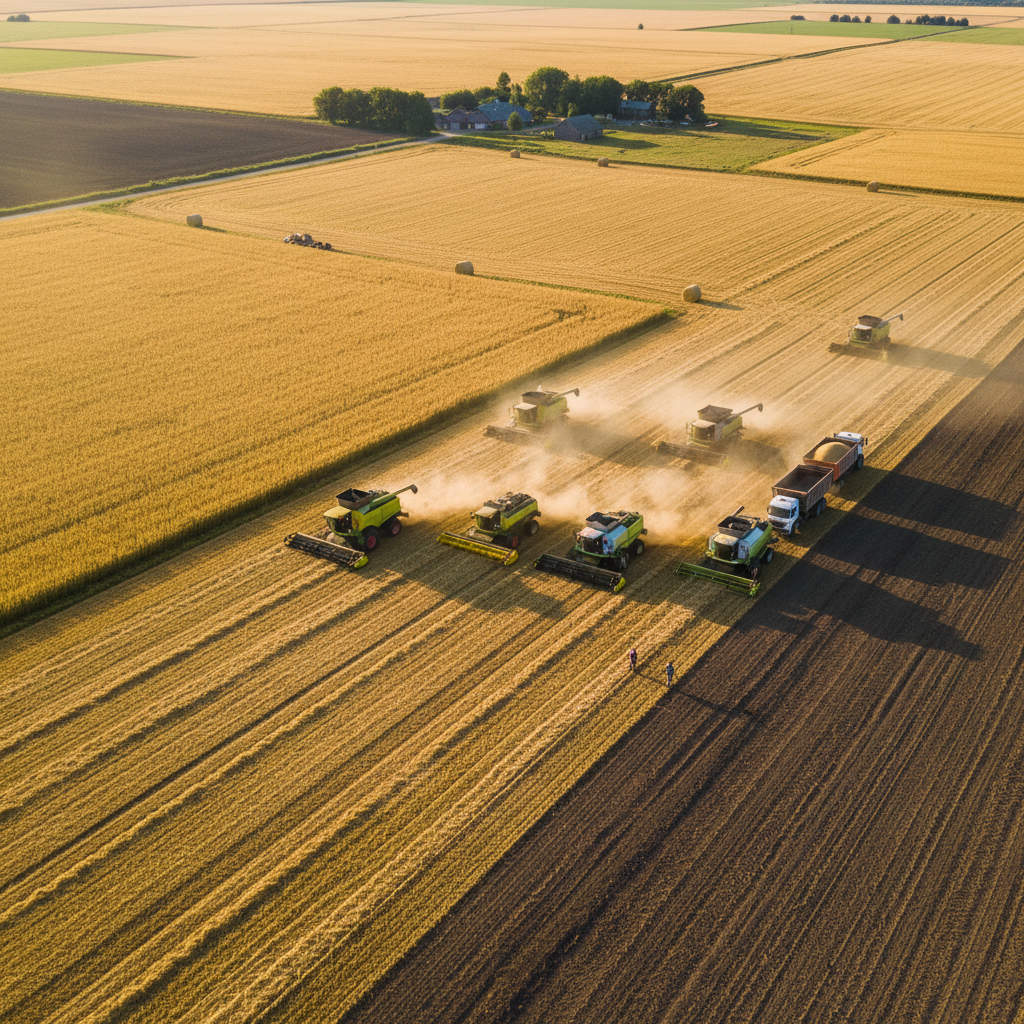 Wide aerial view of harvest season with combine harvesters working golden wheat fields