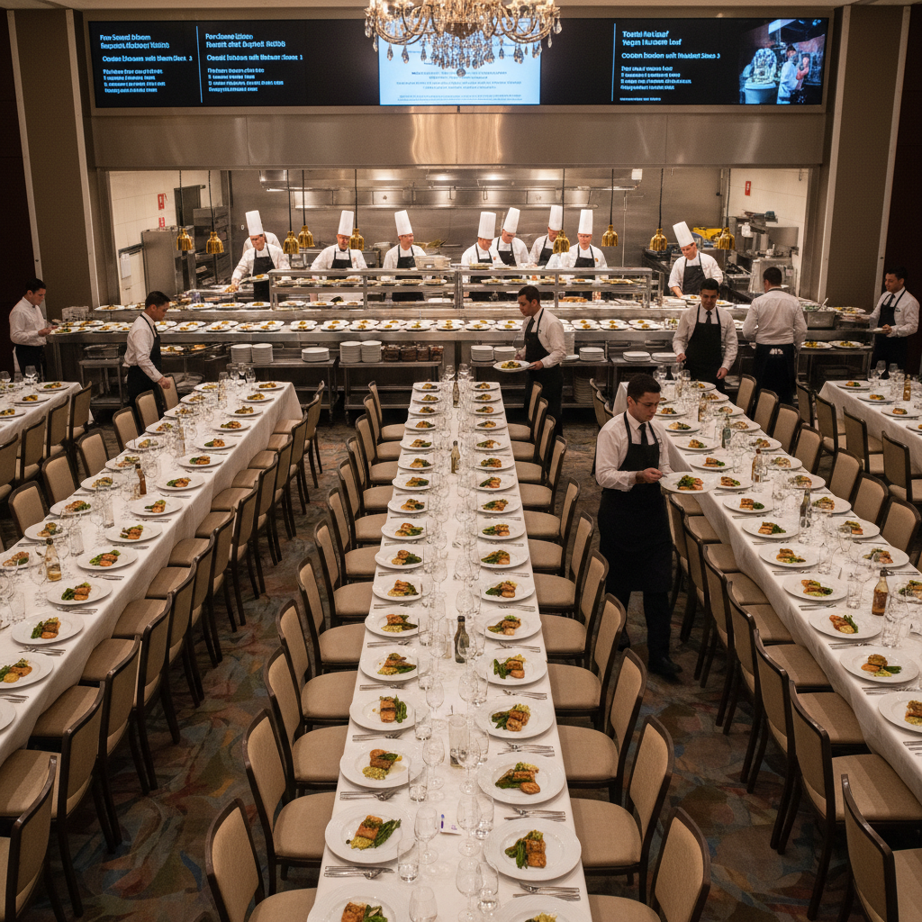Bulk Orders catering setup with Indian food, warm ambient lighting, elegant event decoration