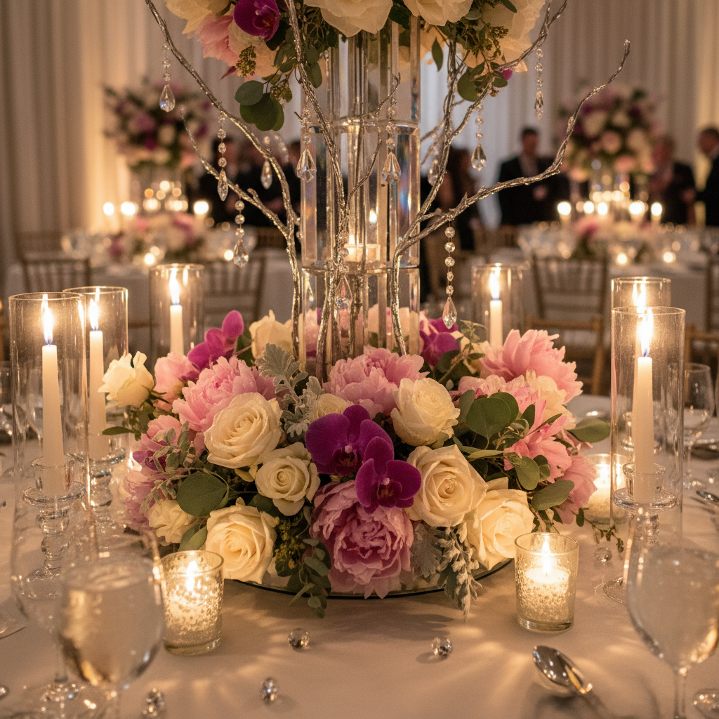 Wedding anniversary dinner setup with romantic candles and floral arrangements