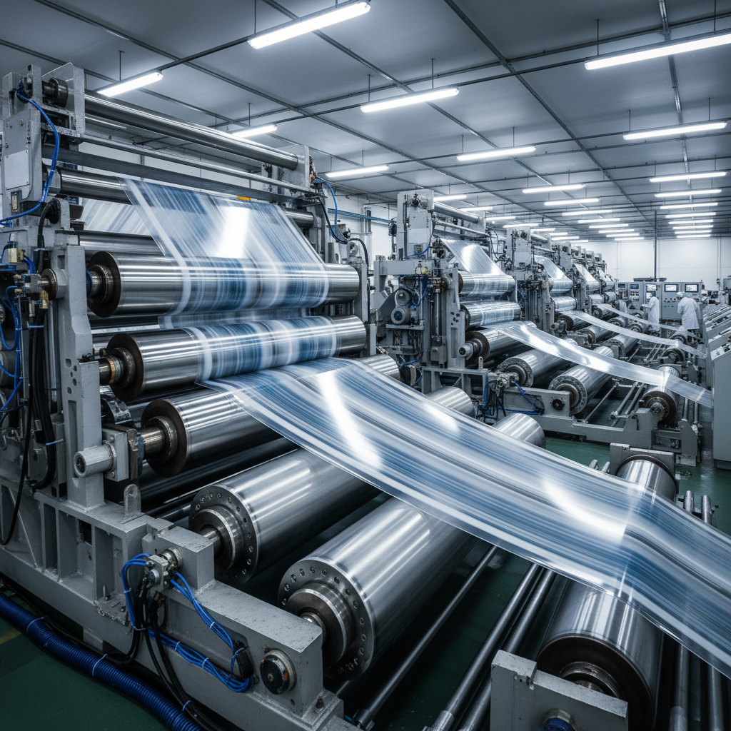 Industrial laminate film production line with rollers pressing polymer layers