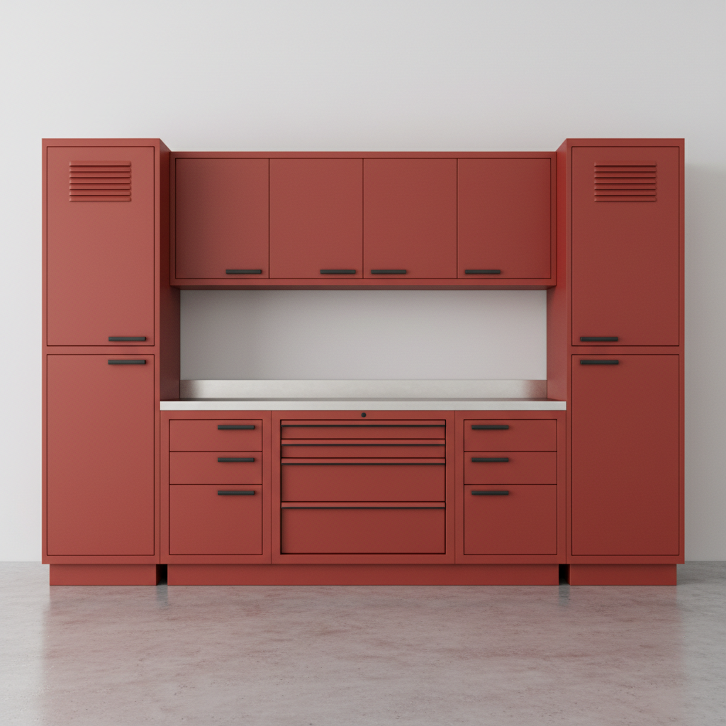 Garage cabinets in terracotta red powder coat finish