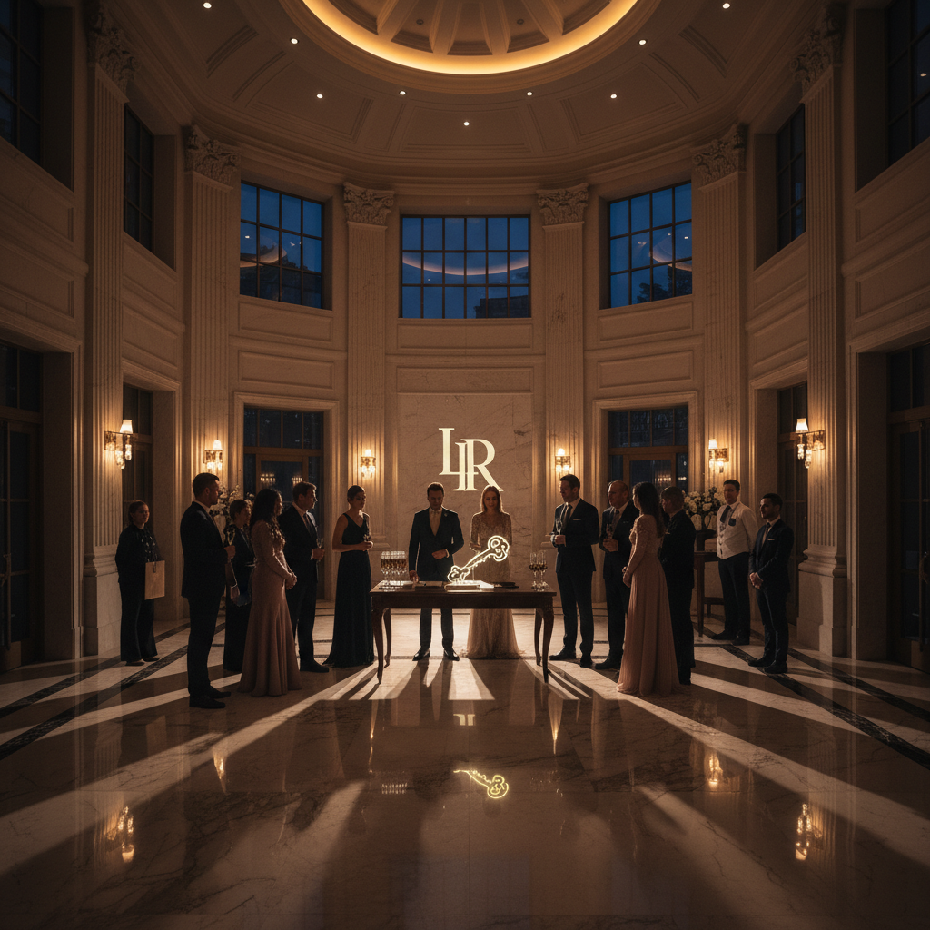 Luxury property interior with dim atmospheric lighting, dark stone walls, deep shadows, warm ambient glow, premium real estate