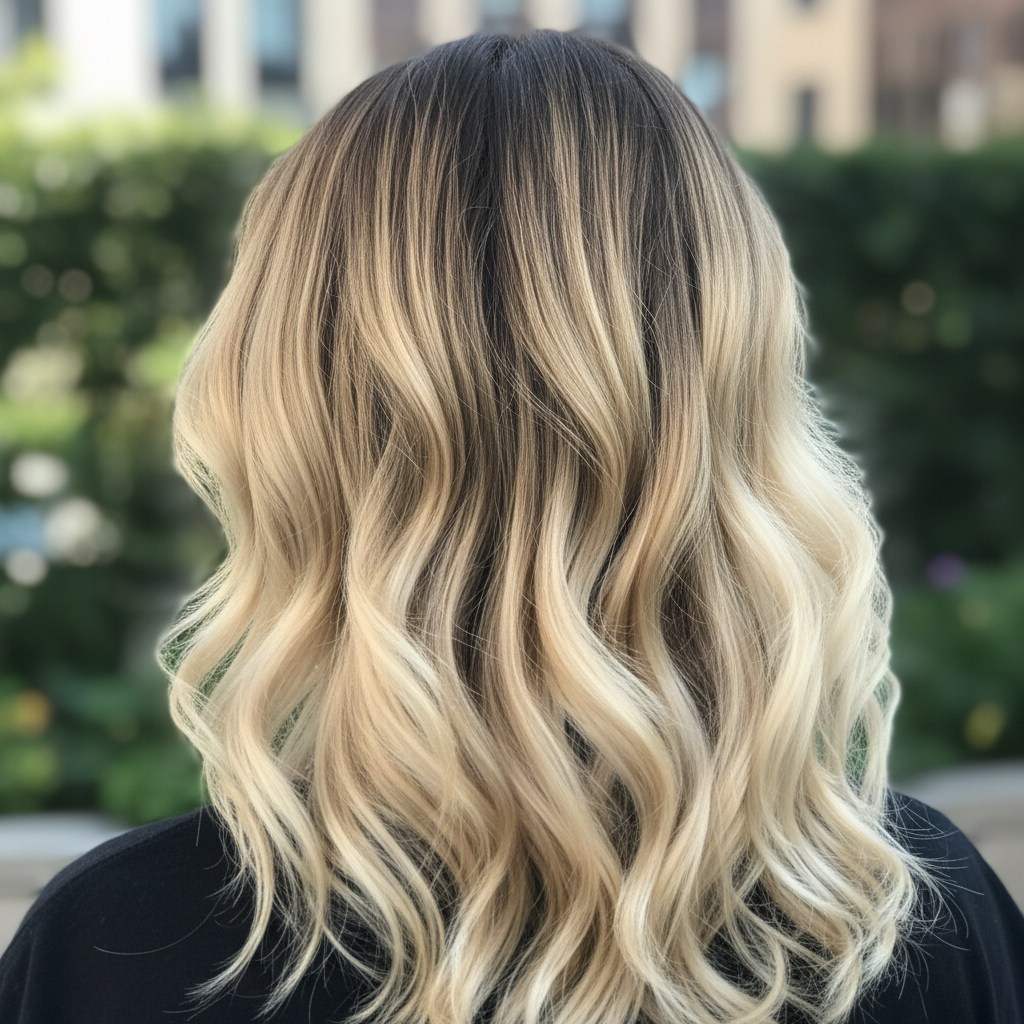 Shadow root technique showing deliberate dark root application blending into lighter lengths