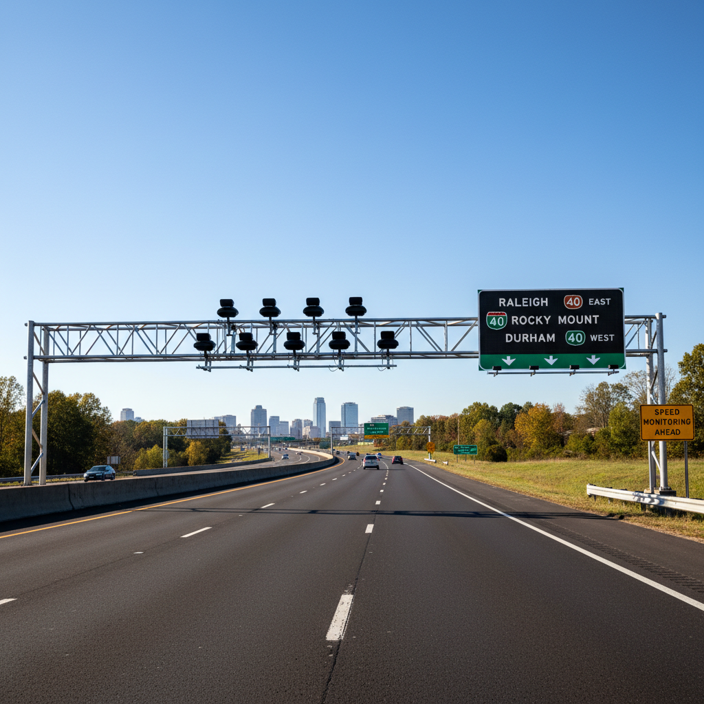 Raleigh North Carolina highway corridor with overhead speed monitoring cameras and electronic signage