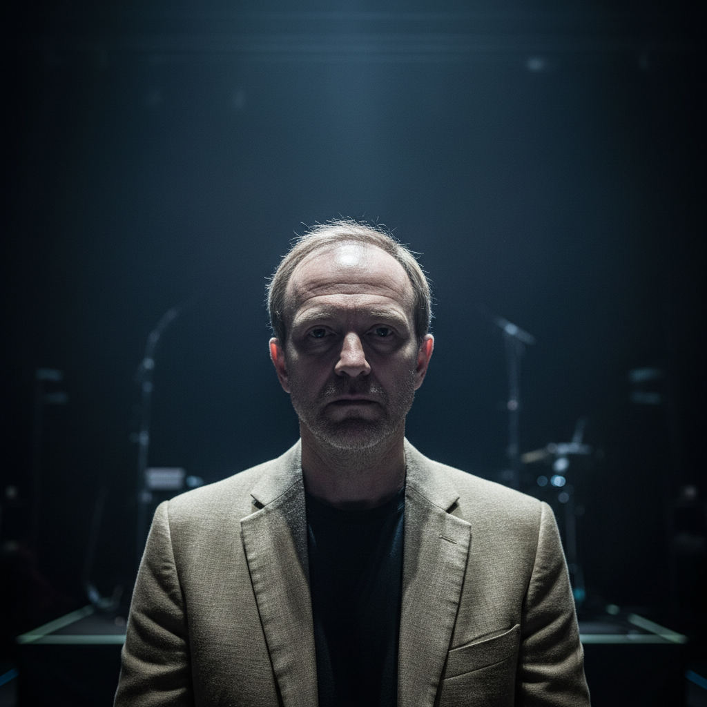Man in muted tan blazer on stage looking washed out under stage lights