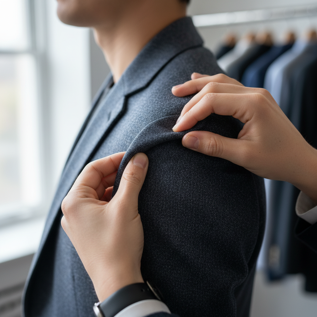 Stylist hands adjusting a blazer lapel on a client