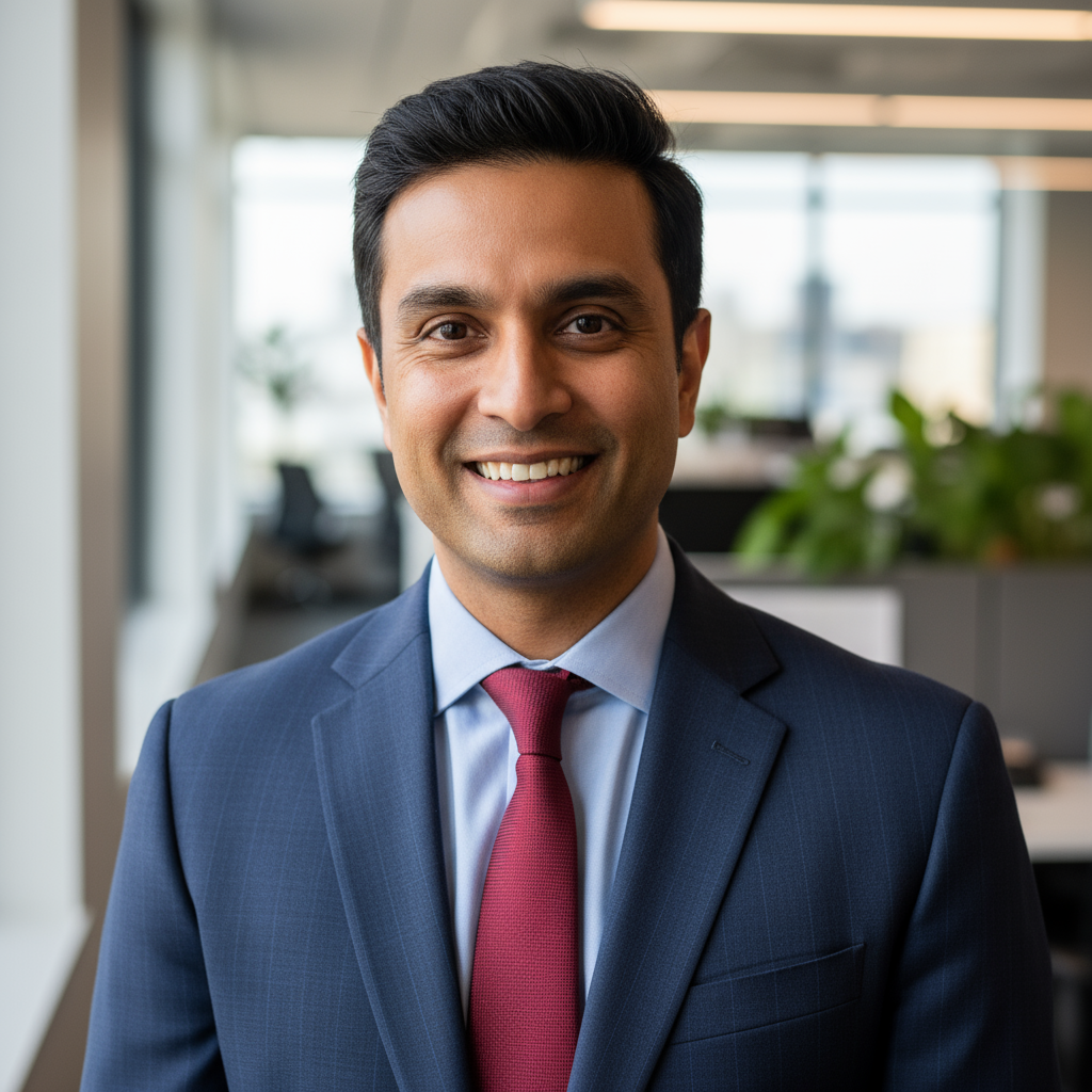 South Asian man smiling in bright office environment, natural daylight