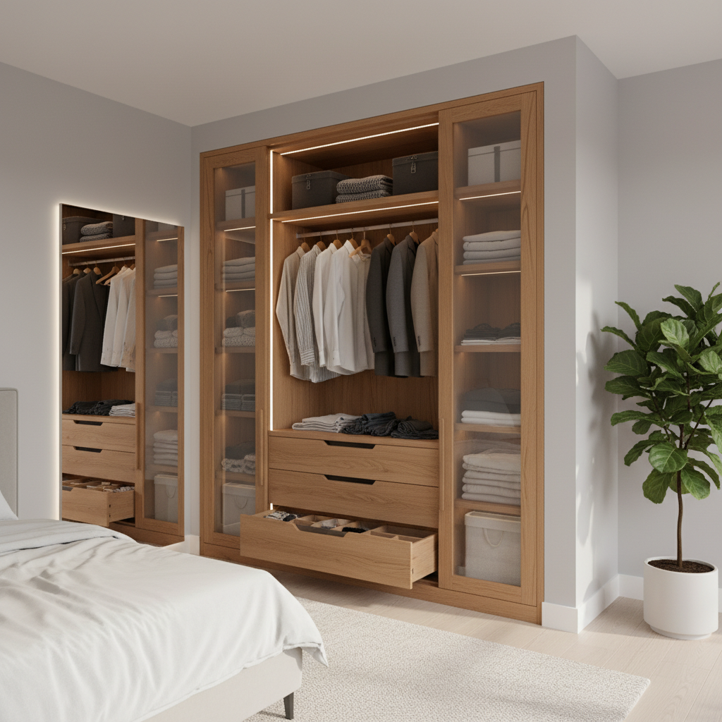Large wooden wardrobe with sliding doors in a tidy, well-lit bedroom