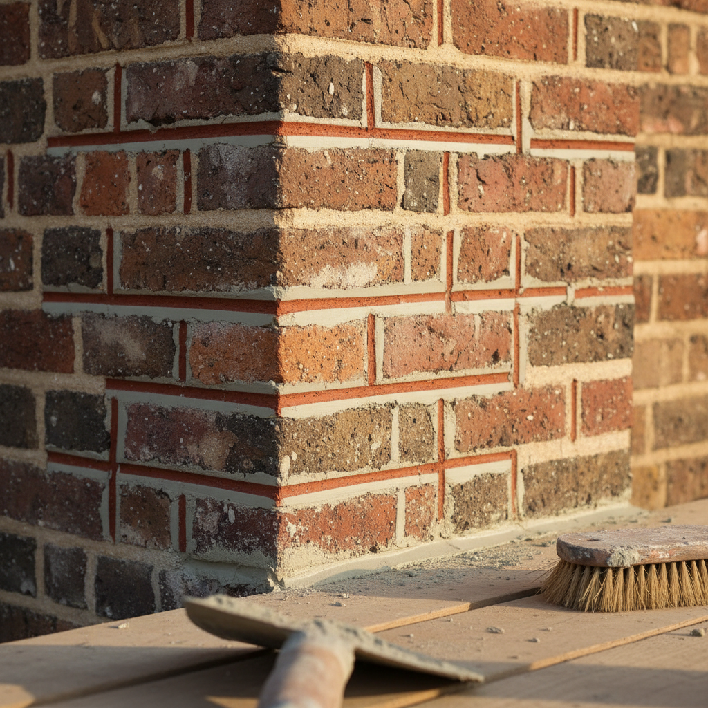 Masonry tuckpointing and repair work, mortar joint restoration close-up
