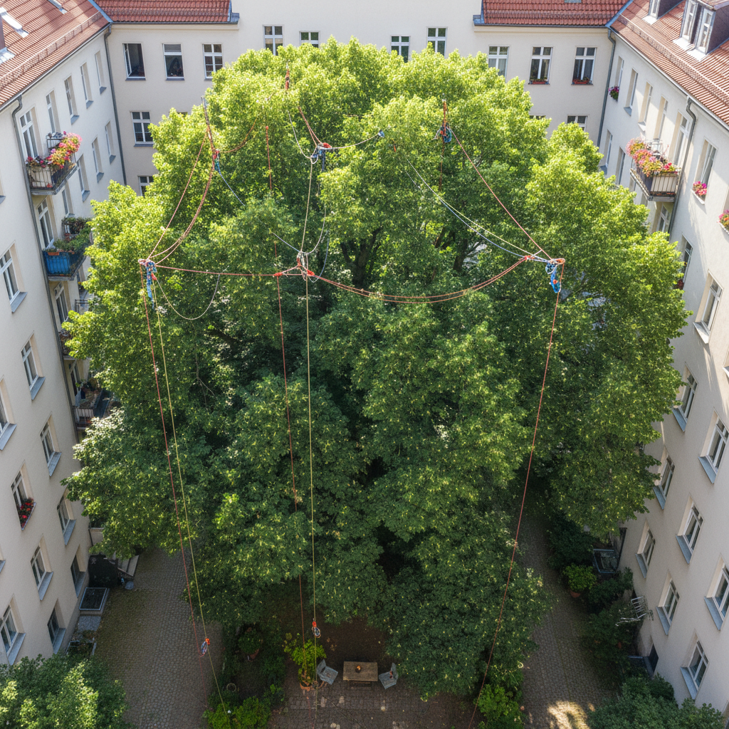 Linde im Berliner Innenhof, Kronenpflege von oben betrachtet — dichtes Sommerlaub, Kletterseile sichtbar