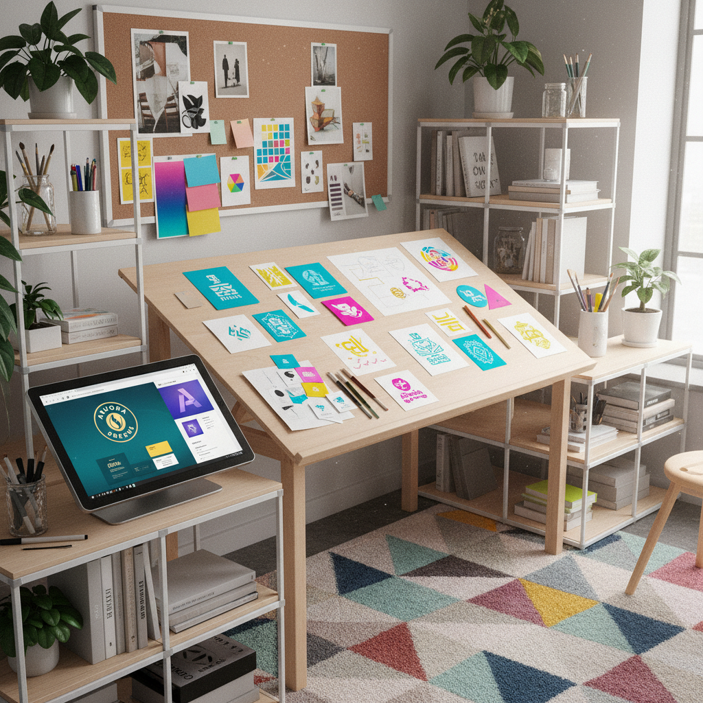 Designer working on brand identity mockups on tablet in bright modern studio, colorful design work