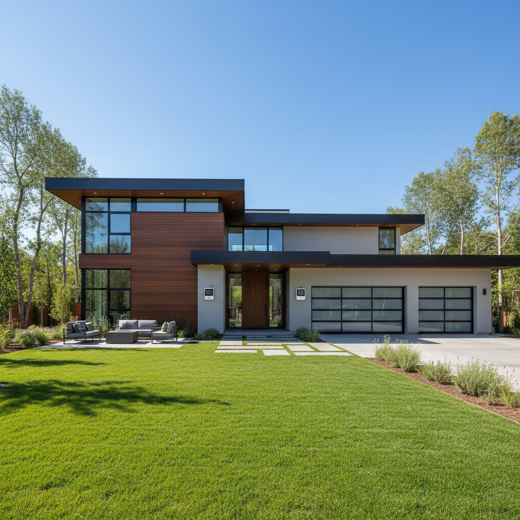 Modern suburban home with clear blue sky — bright, well-lit, airy, professional neighborhood setting