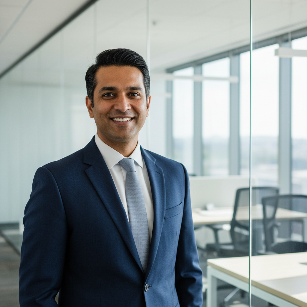 Professional businessman in navy suit smiling confidently in modern office
