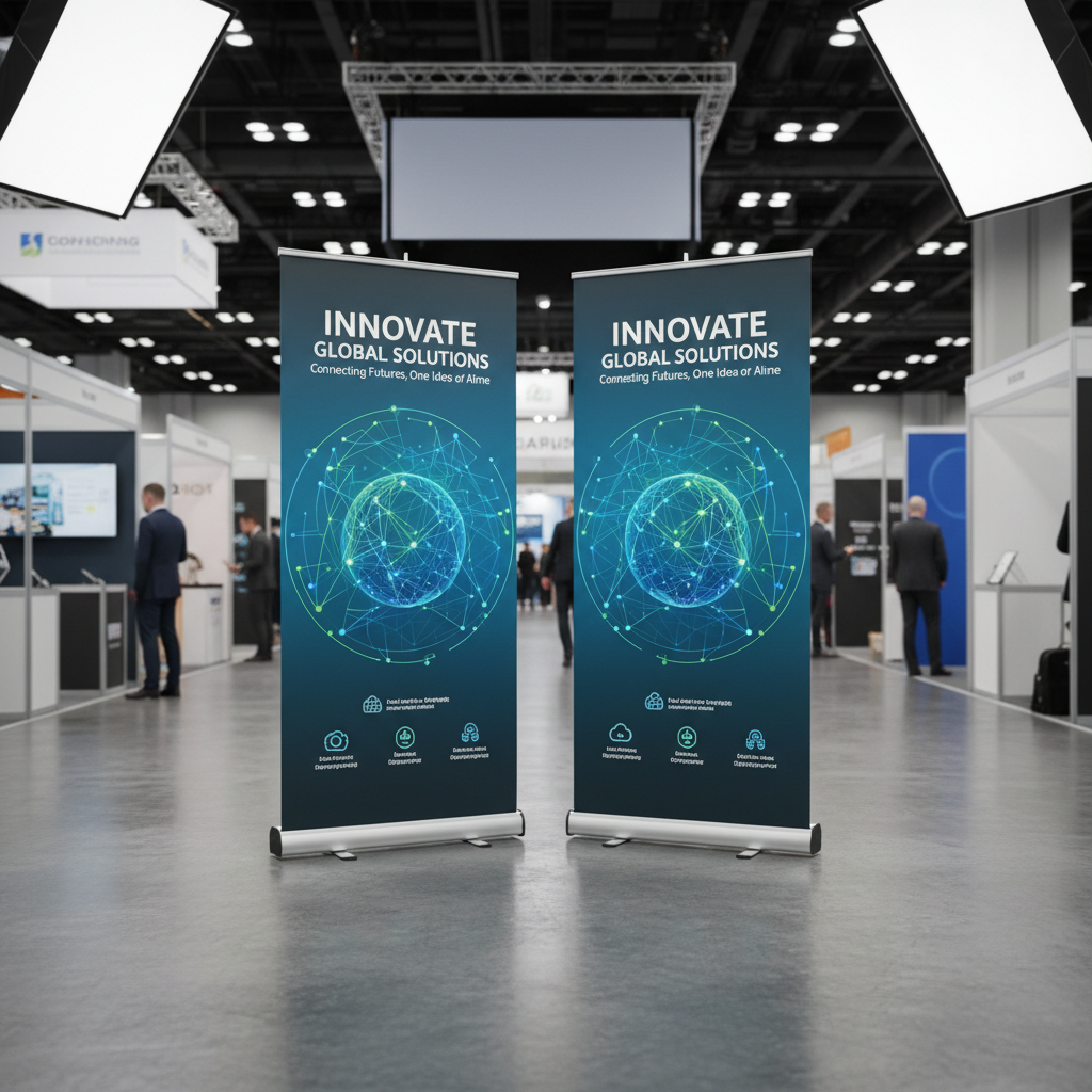 Set of premium roll-up standee banners at corporate exhibition booth with brand graphics
