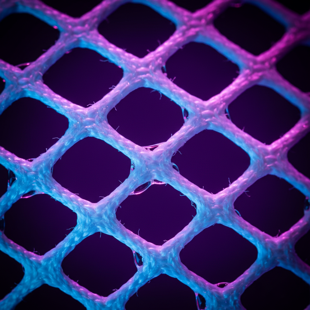 Extreme macro close-up of lacrosse mesh pocket with neon rim light catching individual nylon diamonds