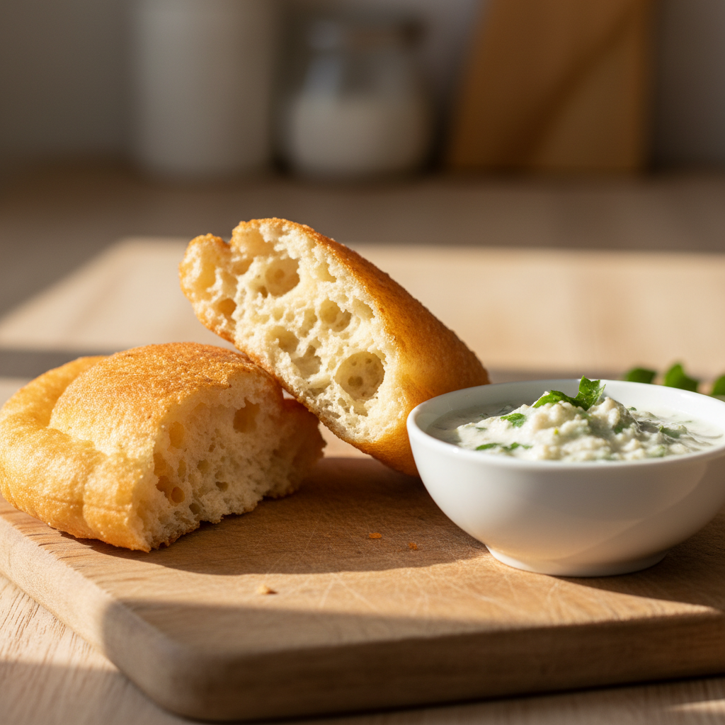 Vade — fried bread puffed golden, cross-section showing airy interior, served alongside coconut chutney