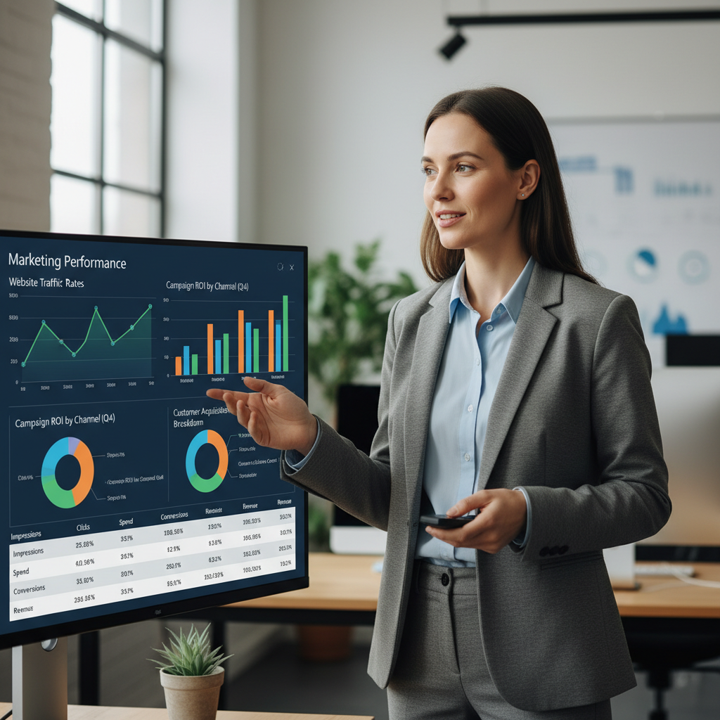 Data analyst presenting growth analytics dashboard with revenue charts, attribution models, and marketing performance metrics to a business team in a boardroom