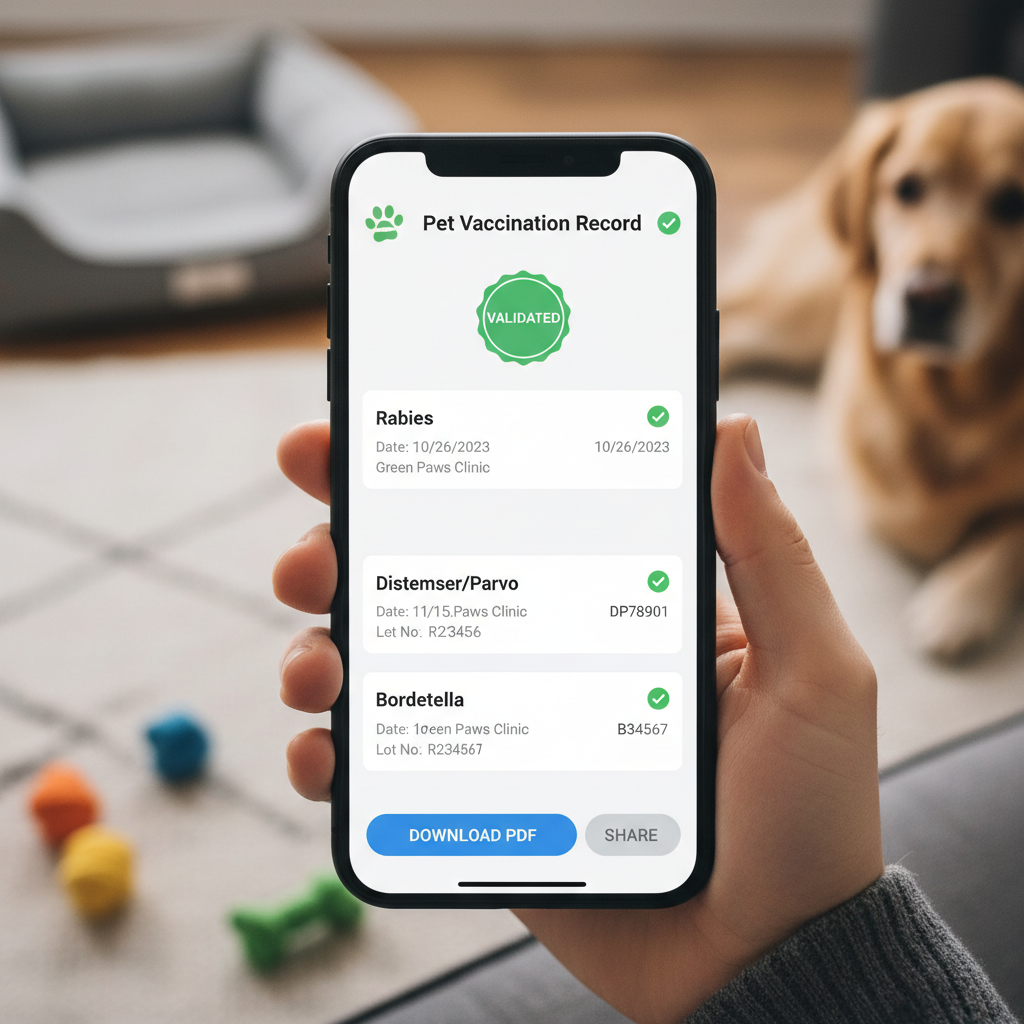 Young woman sitting in a park with her dogfob, using DogFob app on her phone to track pet health