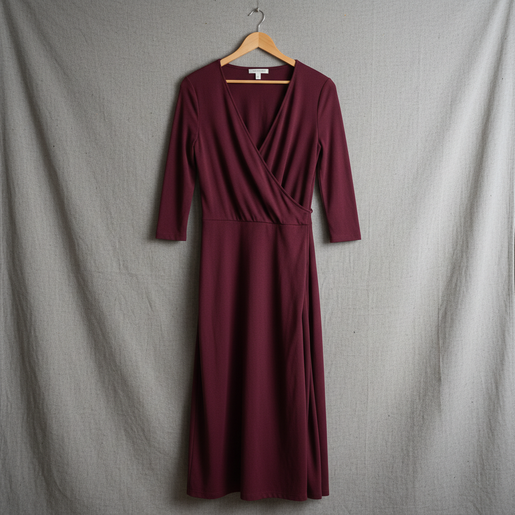 Deep burgundy ponte wrap dress with three-quarter sleeves on a wooden hanger