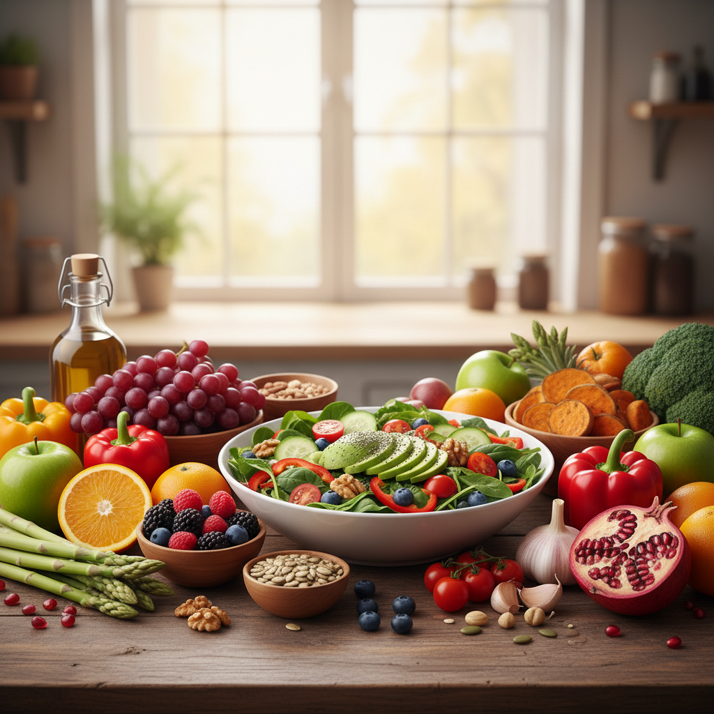 Colorful summer food spread with vibrant fruits and fresh ingredients on a wooden table