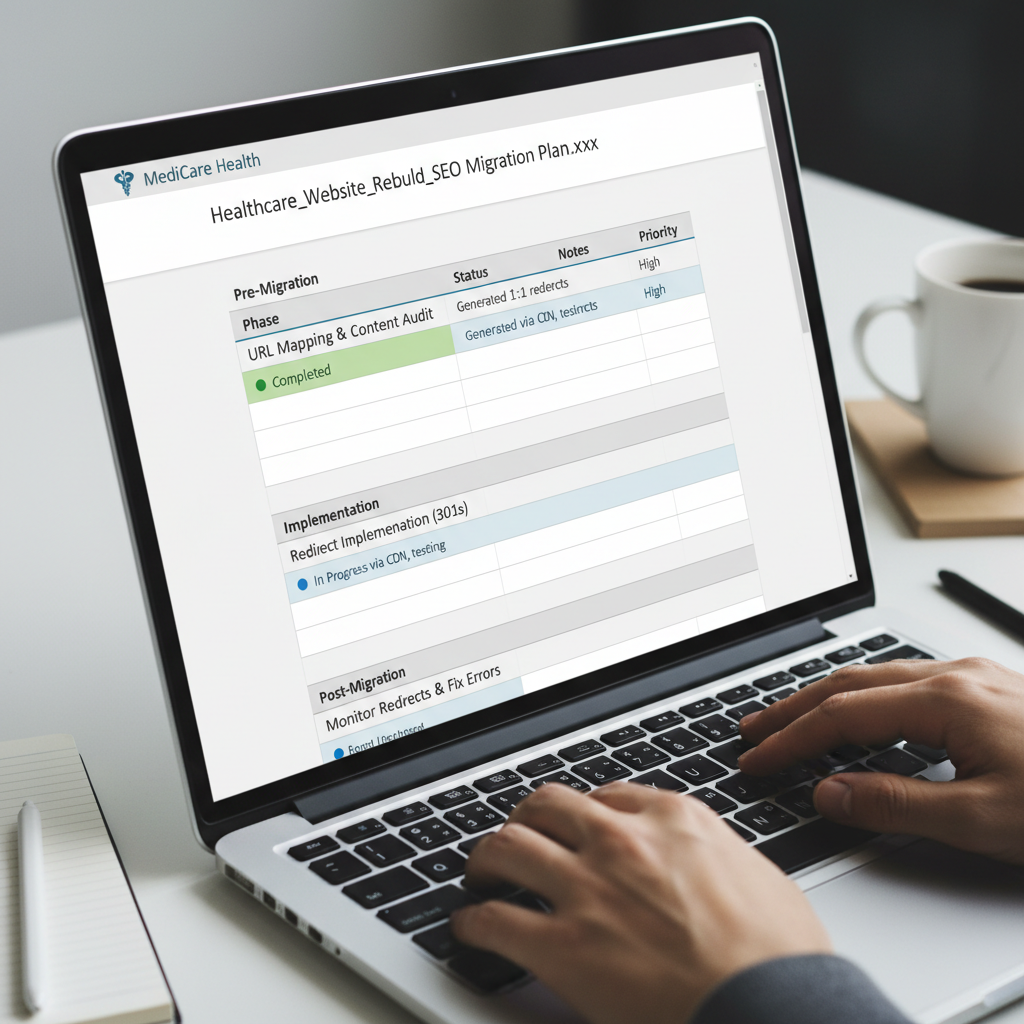 SEO migration checklist on a laptop screen showing URL mapping and redirect implementation for a healthcare website rebuild
