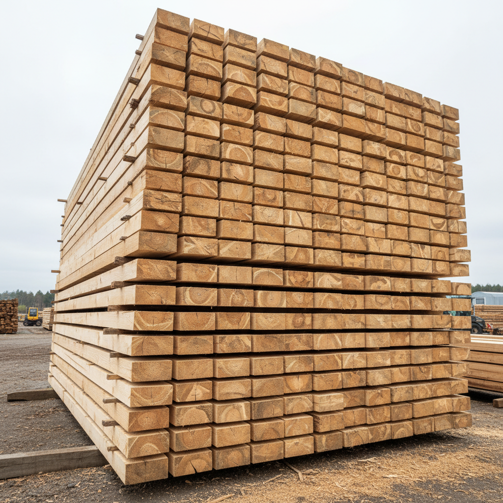 Stacked timber planks and wooden beams in a lumber yard