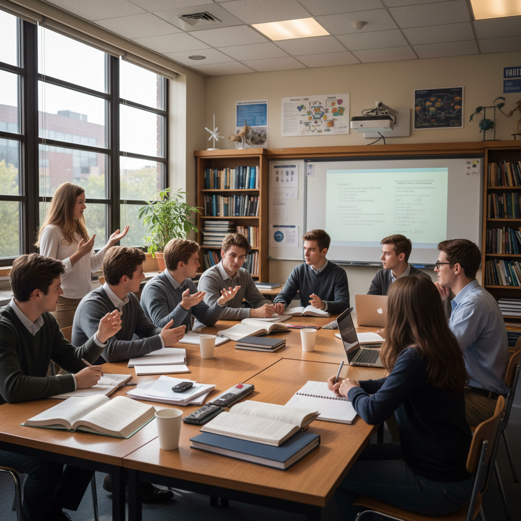 Group of students discussing around a table with papers and laptops, collaborative study session, bright classroom
