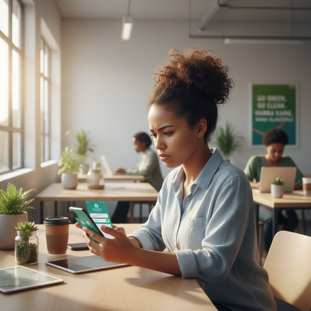 Person browsing a website on a smartphone in a modern office environment