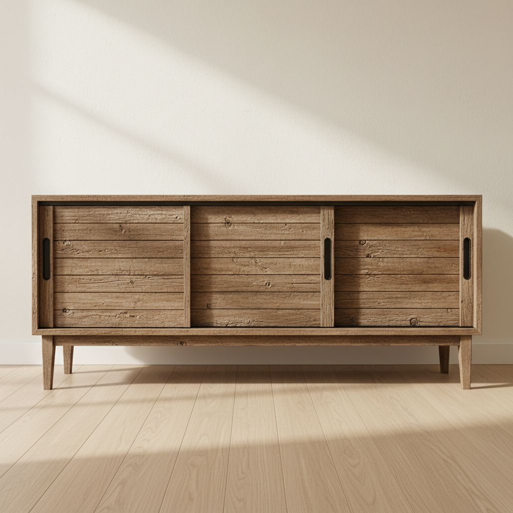 Mid-century modern teak credenza with sliding doors against a white wall