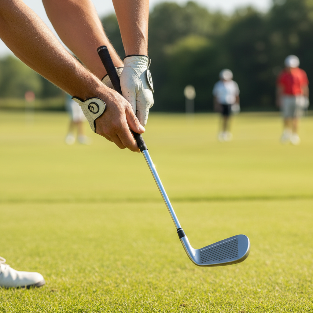 Close-up of hands gripping a golf club correctly, neutral grip position, clear instructional view