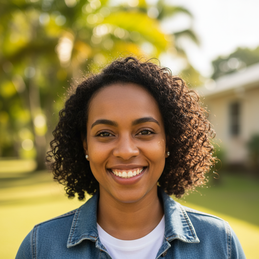 Portrait of Trinidad photographer Kezia Rampersad smiling confidently with camera outdoors