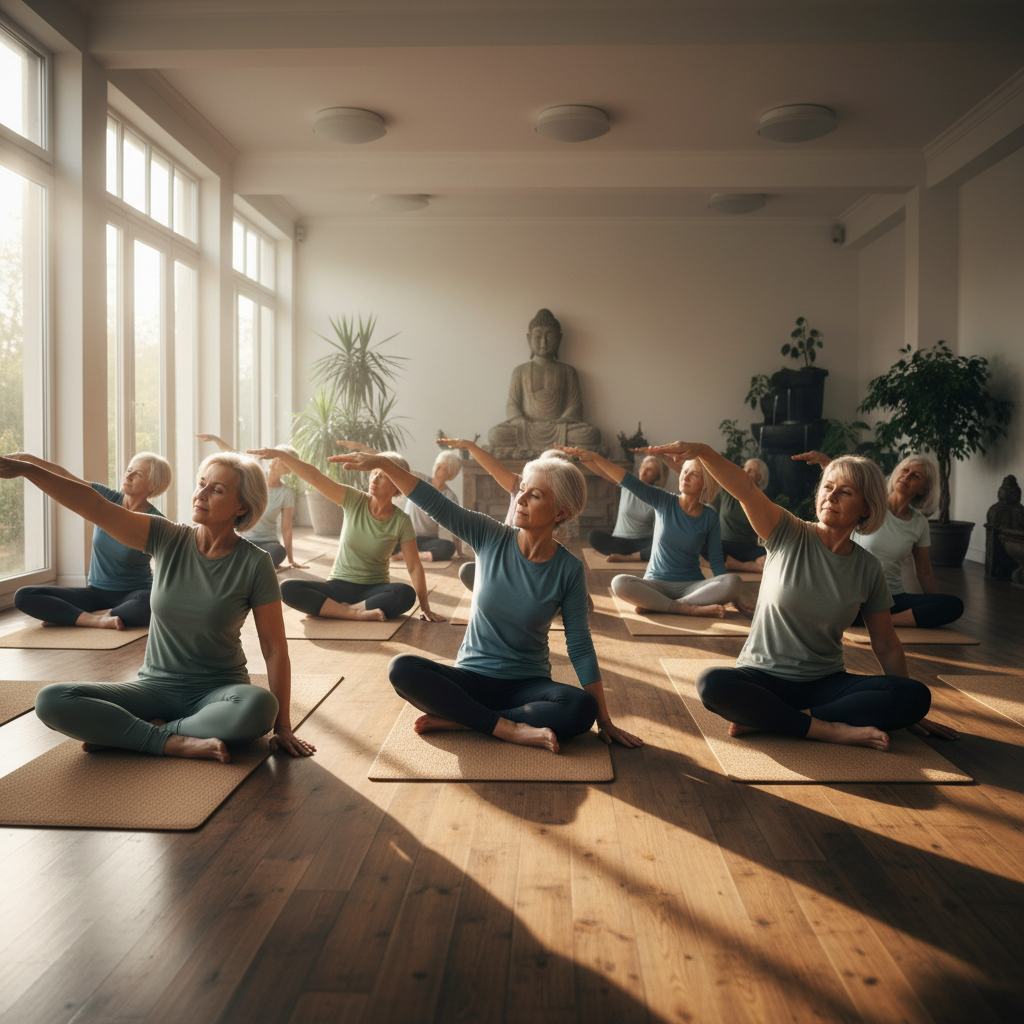 Group of older adults in a yoga class, morning light through large windows