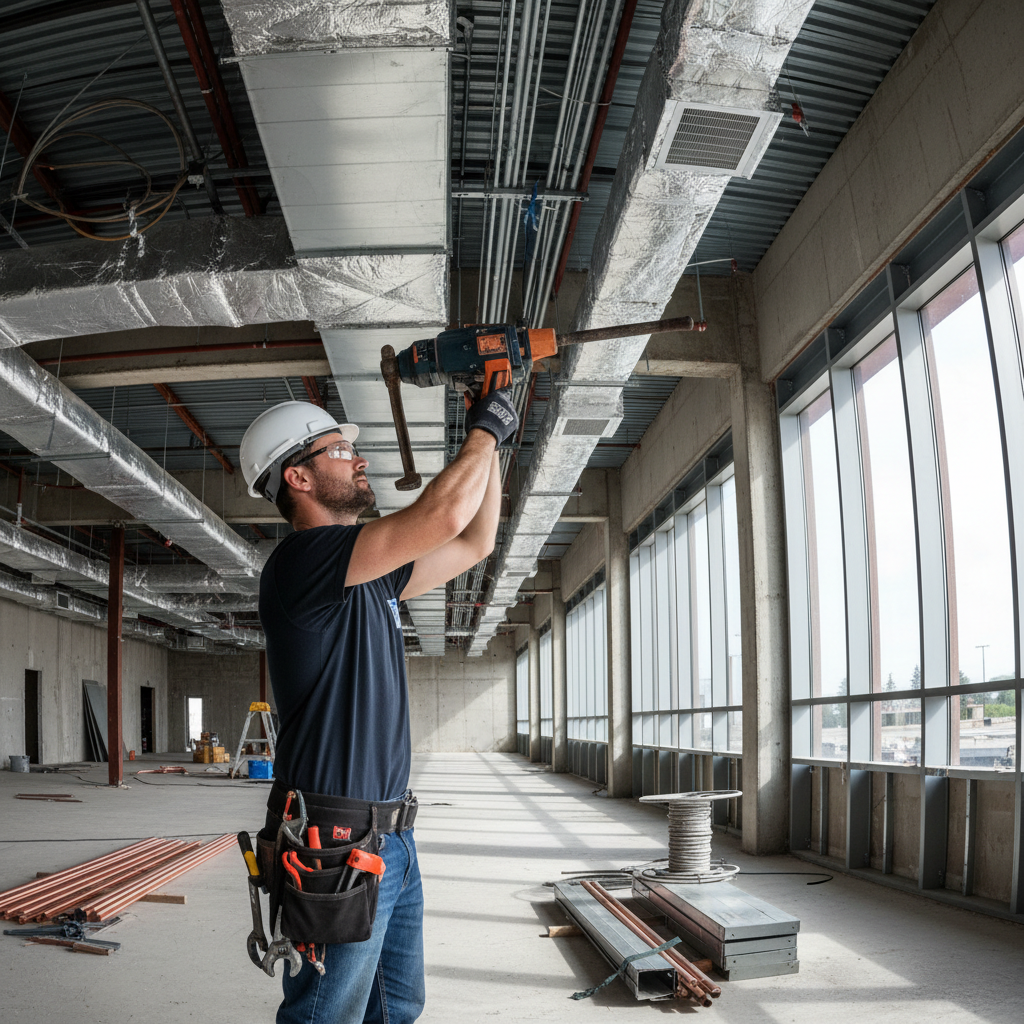 Specialty contractor installing mechanical systems in commercial building, professional equipment and tools