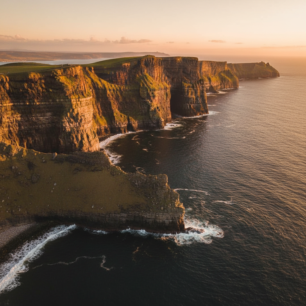Portuguese coastal cliff trail at golden hour, dark Atlantic ocean below, dramatic low angled light, moody atmosphere