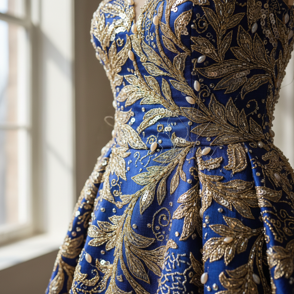 Close-up of intricate gold embroidery on a black evening gown