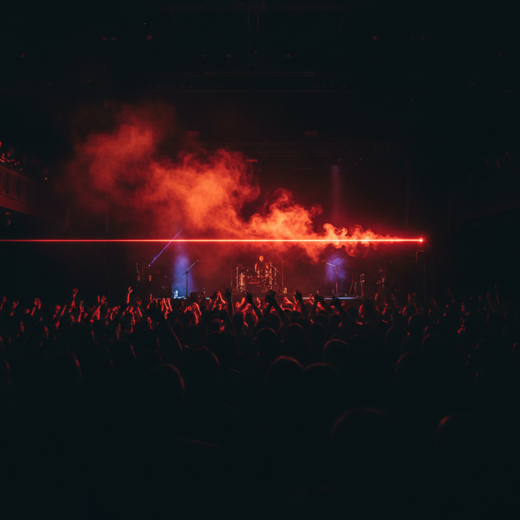 Dark concert hall, single laser beam cutting through smoke, crowd silhouettes below