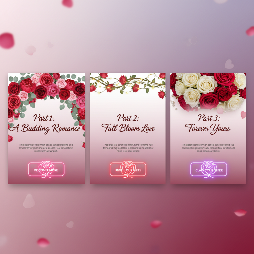 Valentine email campaign showing three-part sequence with romantic floral headers and neon rose CTA buttons