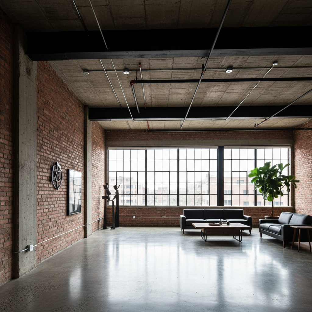 Industrial loft renovation with exposed brick, polished concrete floors, warm pendant lighting, minimal dark furnishings