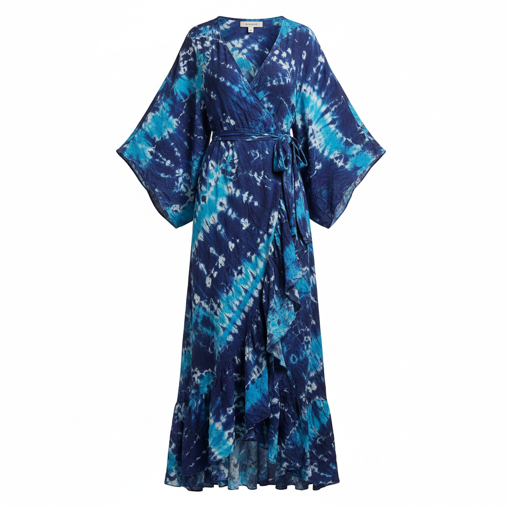Tie-dye wrap dress in ocean indigo