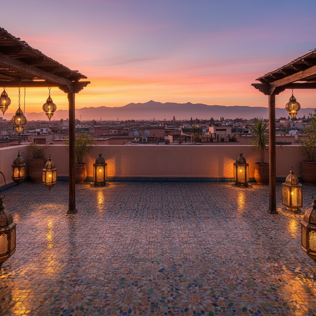 Marrakech riad rooftop at sunset with lanterns, Moroccan tiles, and Atlas Mountains silhouette in the background