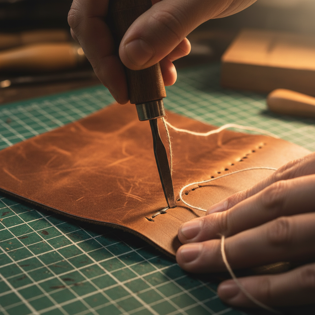 Hands stitching leather at a workshop table, natural beeswax thread catching the light